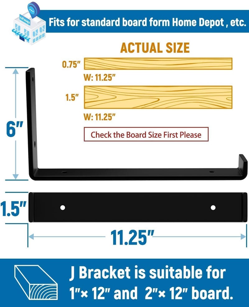 LEOPO 12 inch Shelf Brackets 6-Pack ,1/5 inch Thick Heavy Duty Industrial Bracket for DIY Floating Shelf Support, Black Coated Wall Shelf Support 11.25    x 6    x 1.5 - Image 2